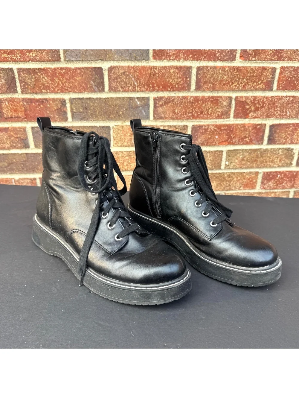 Madden NYC Black Lace-Up Synthetic Leather Ankle Boots with Side Zipper